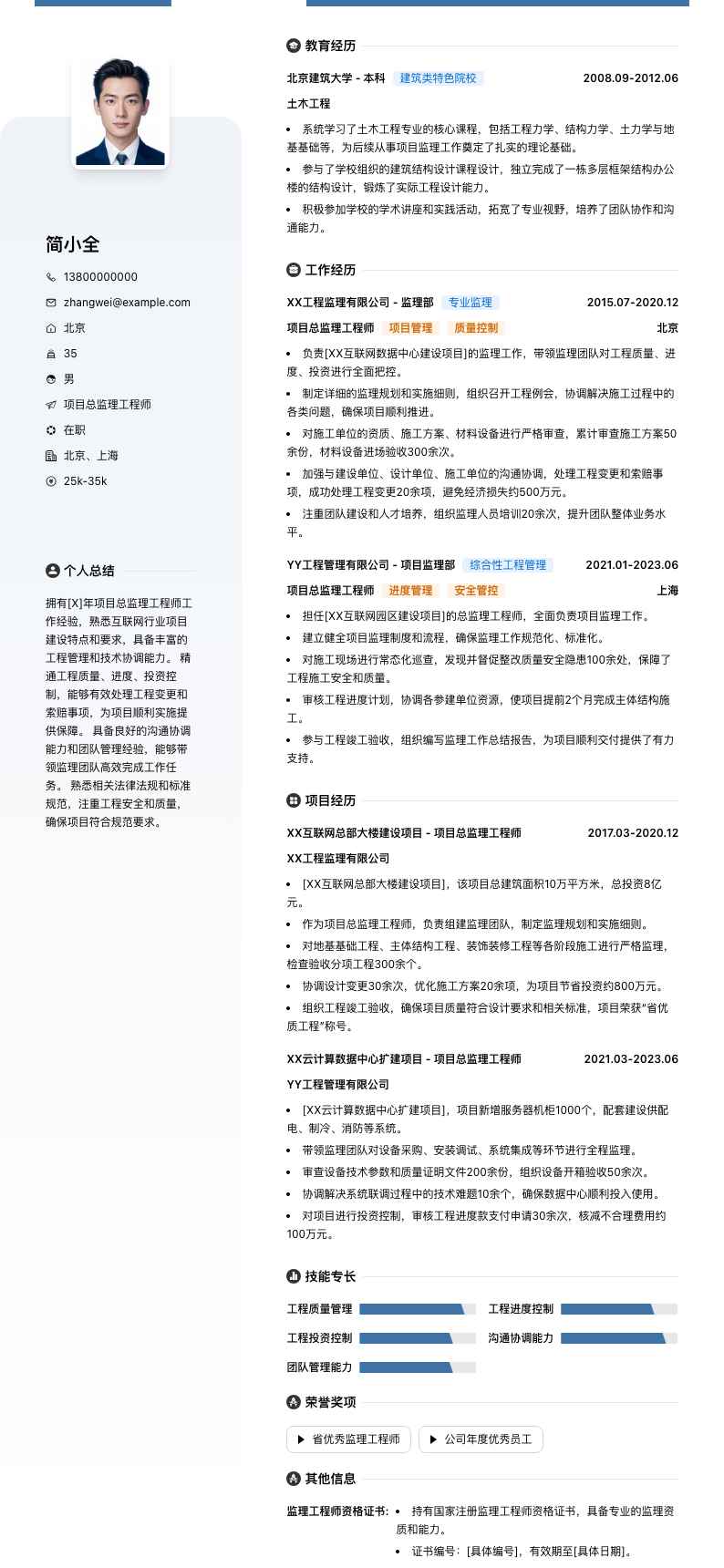 项目总监理工程师简历模板