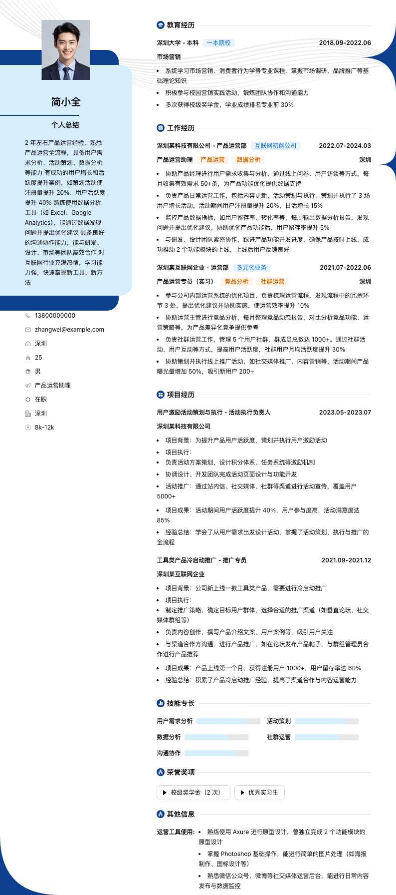 产品运营助理简历模板