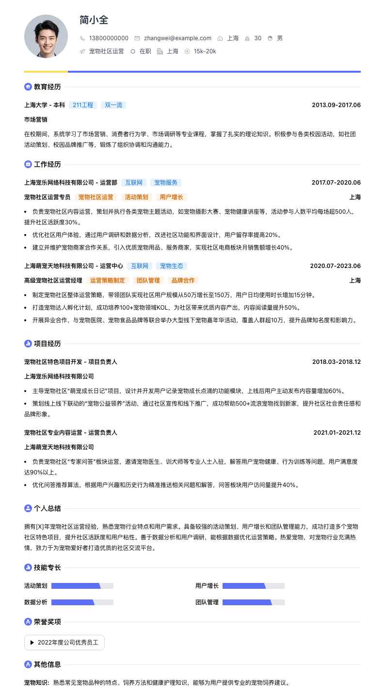 宠物社区运营简历模板