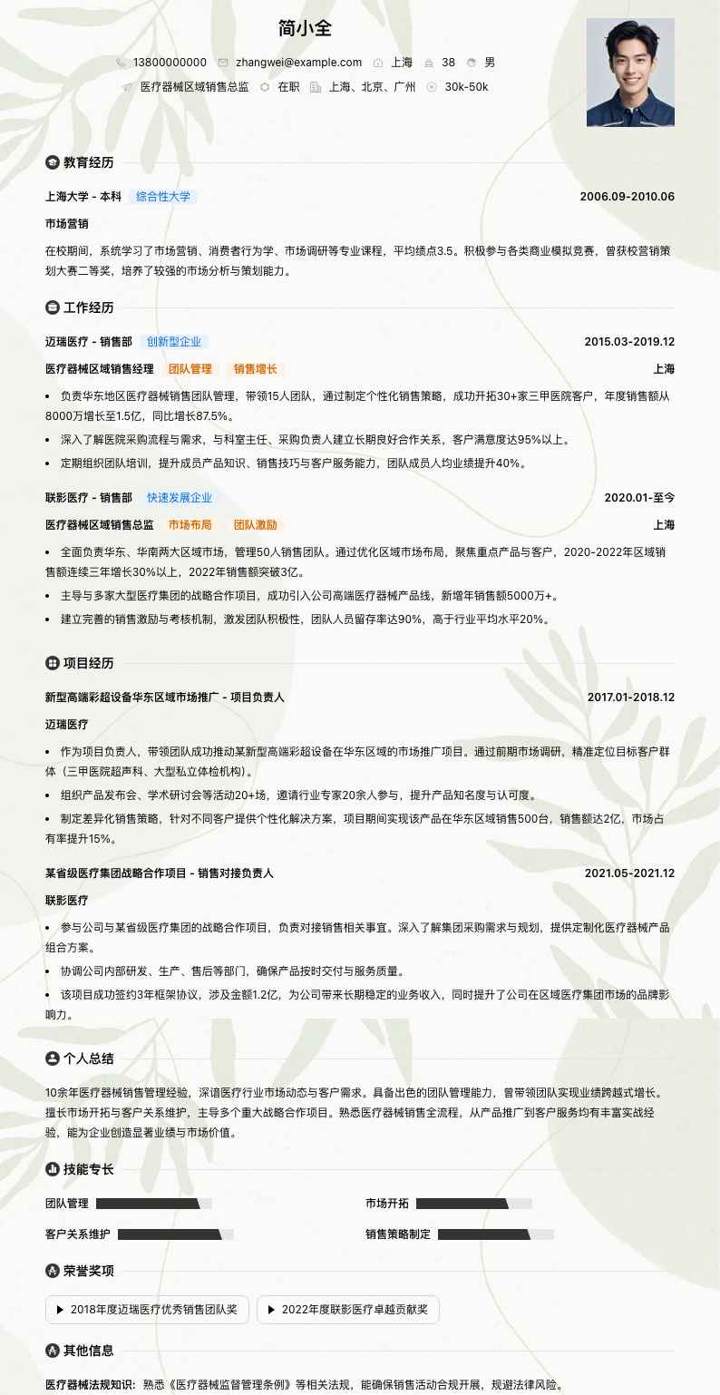 医疗器械区域销售总监简历模板