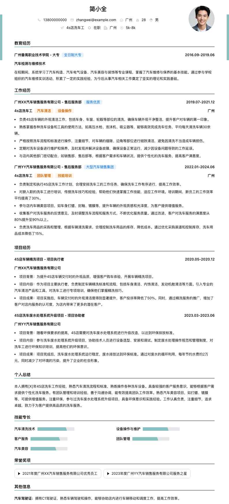 4s店洗车工简历模板