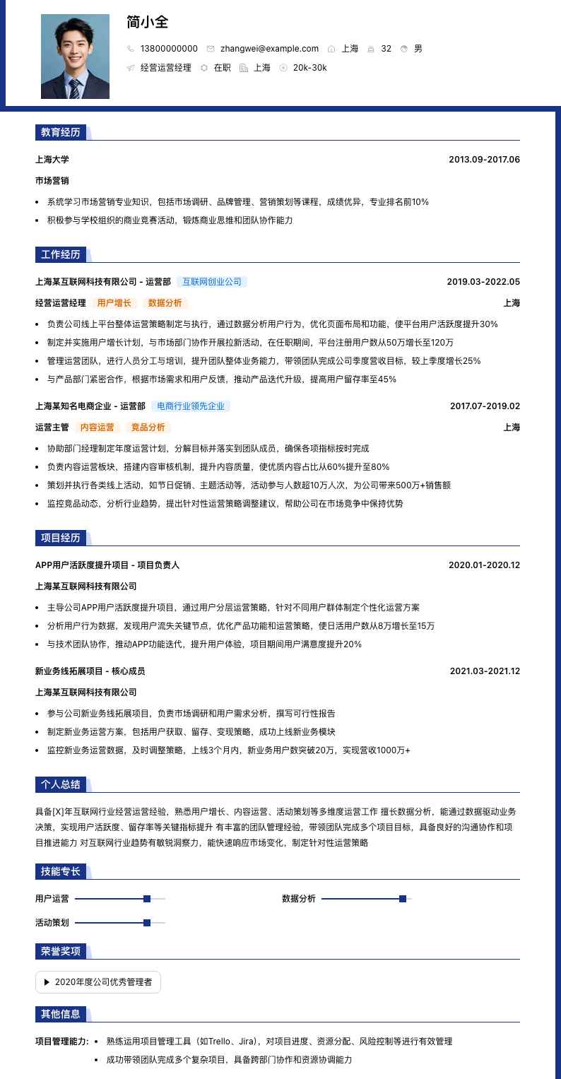 经营运营经理简历模板