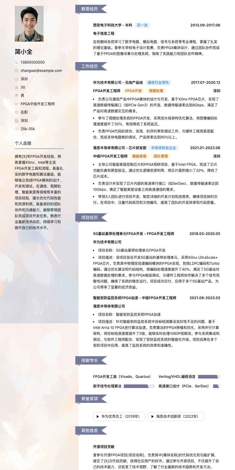 fpga中级开发工程师简历模板