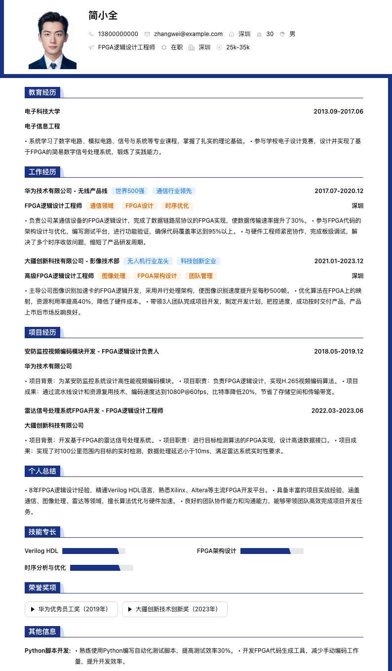 FPGA逻辑设计工程师简历模板