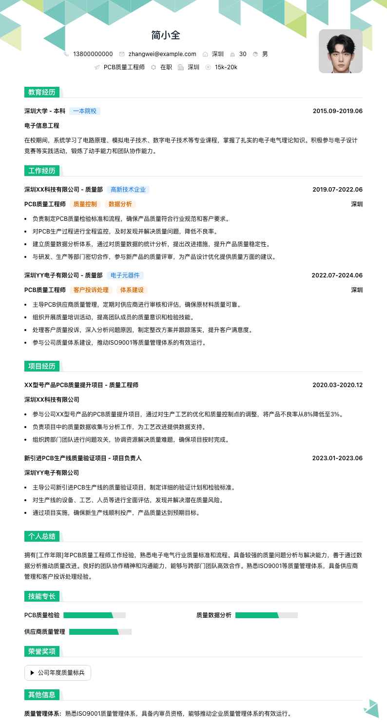 pcb质量工程师简历模板