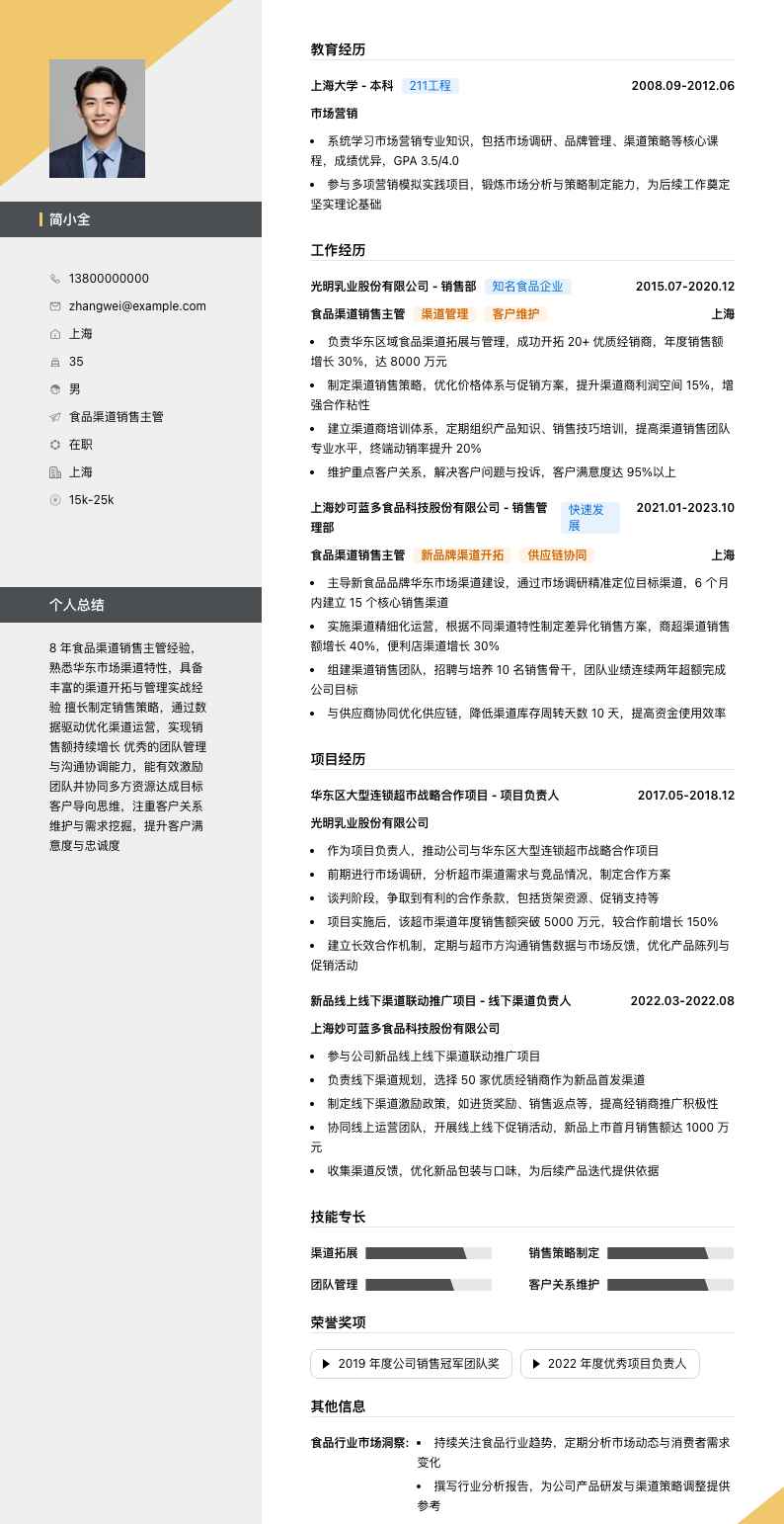 食品渠道销售主管简历模板