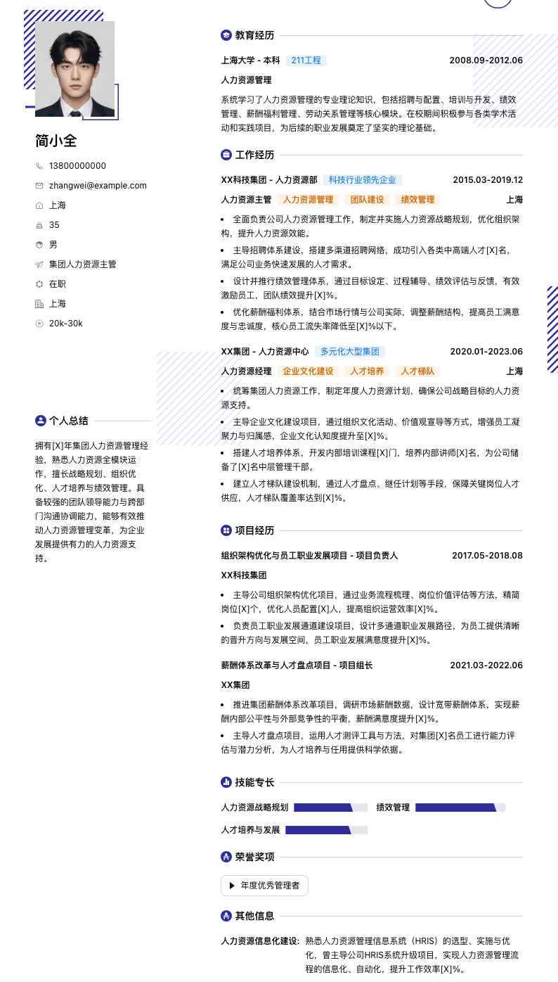 集团人力资源主管简历模板