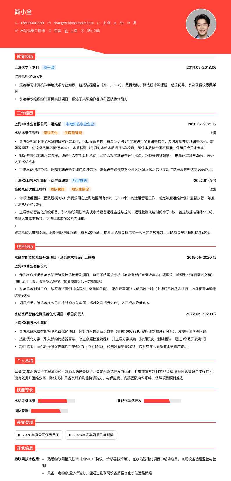 水站运维工程师简历模板