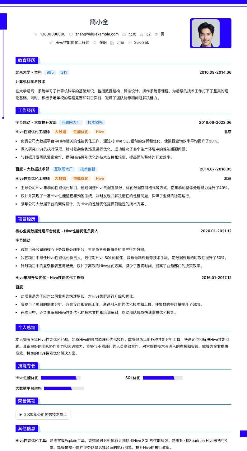 Hive性能优化工程师简历模板