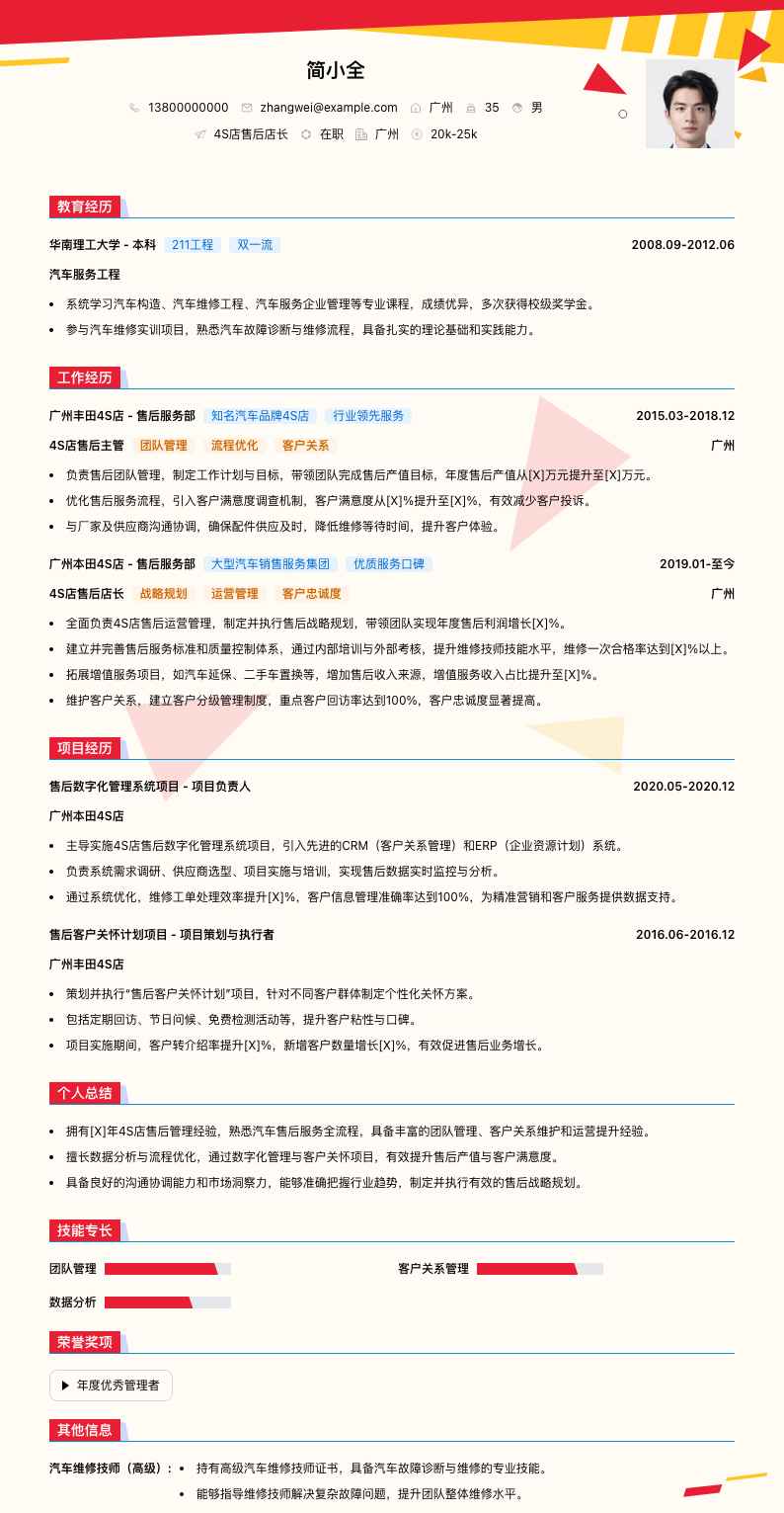 4S店售后店长简历模板