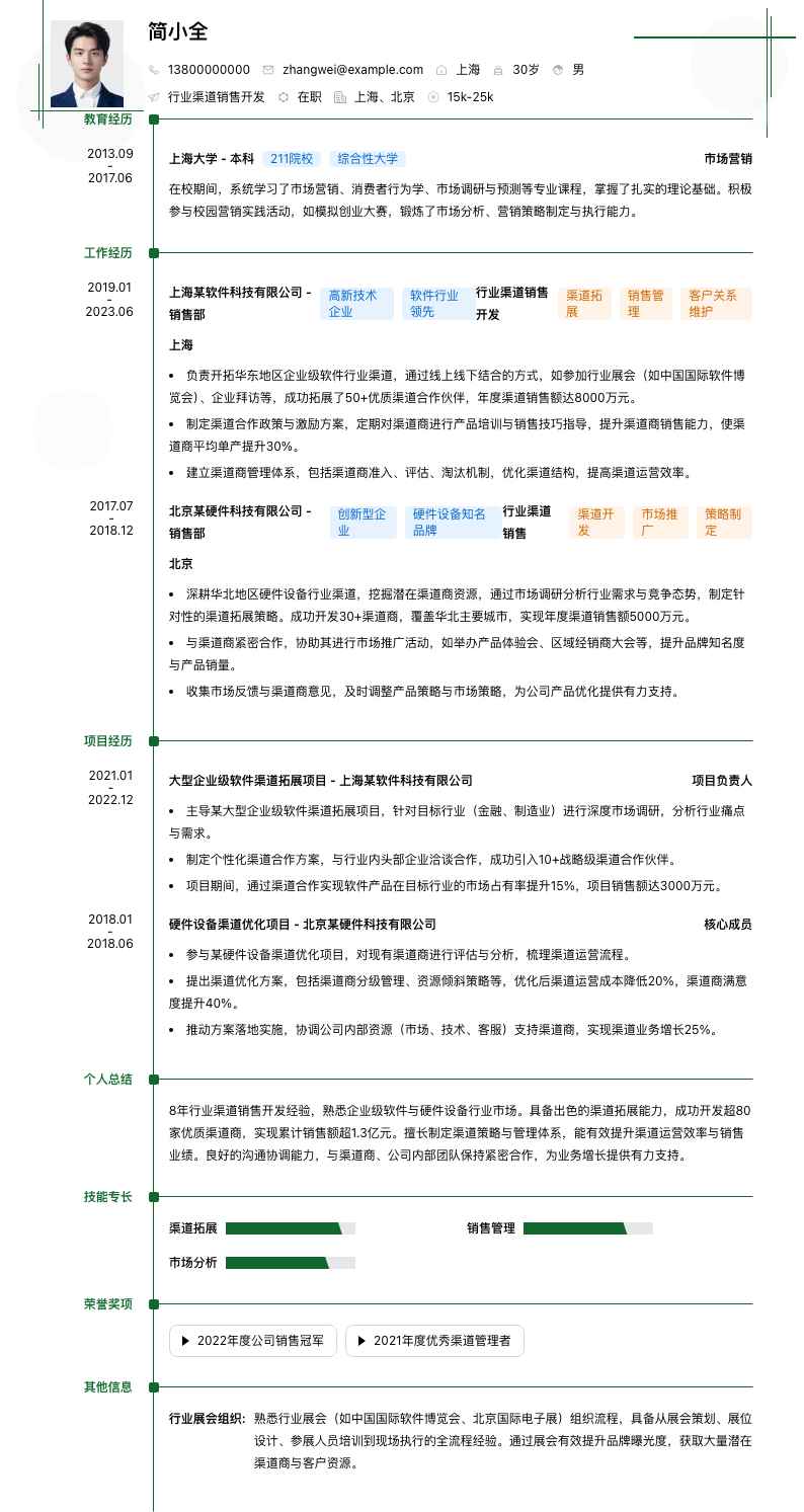 行业渠道销售简历模板