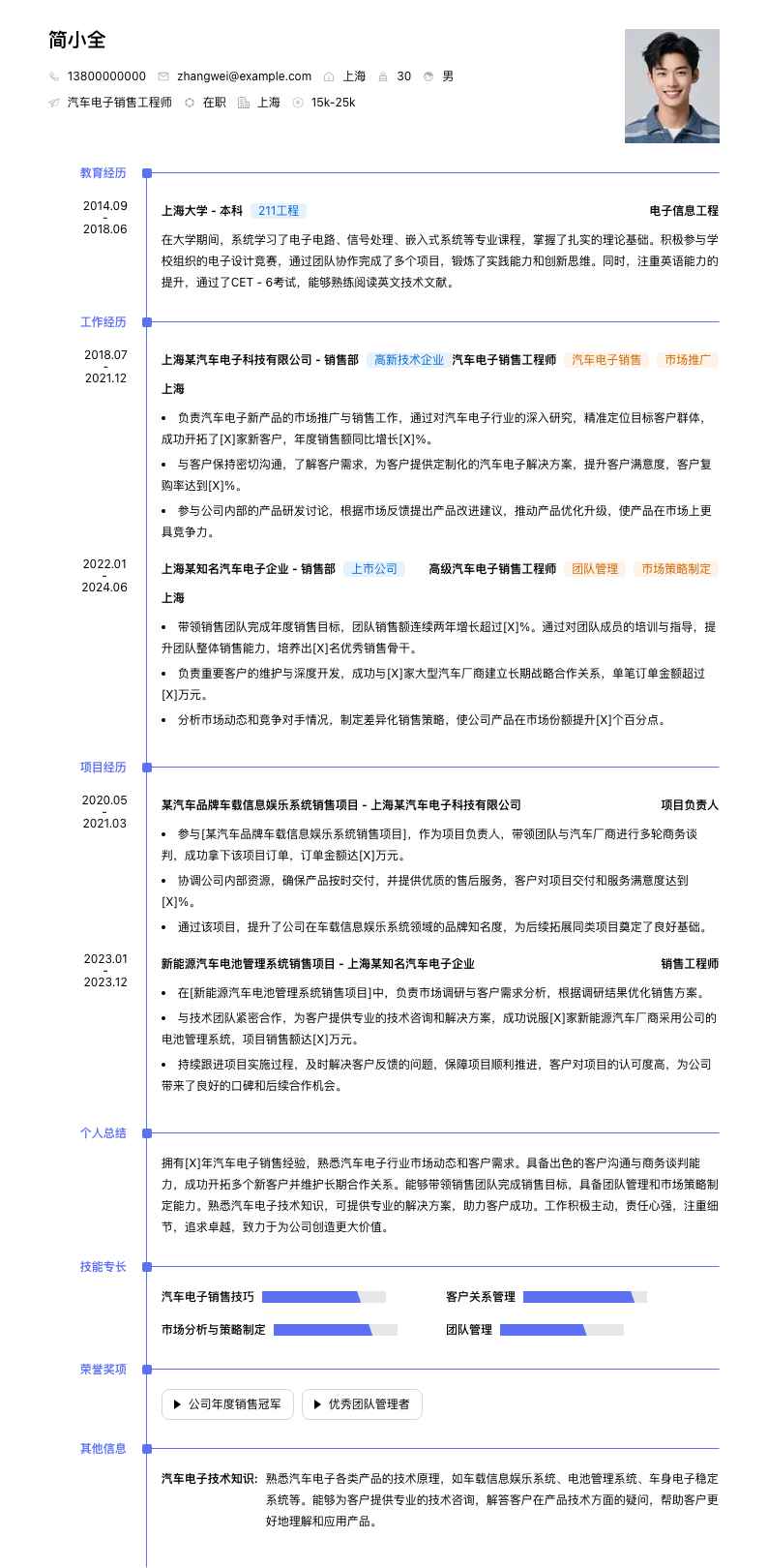 汽车电子销售工程师简历模板