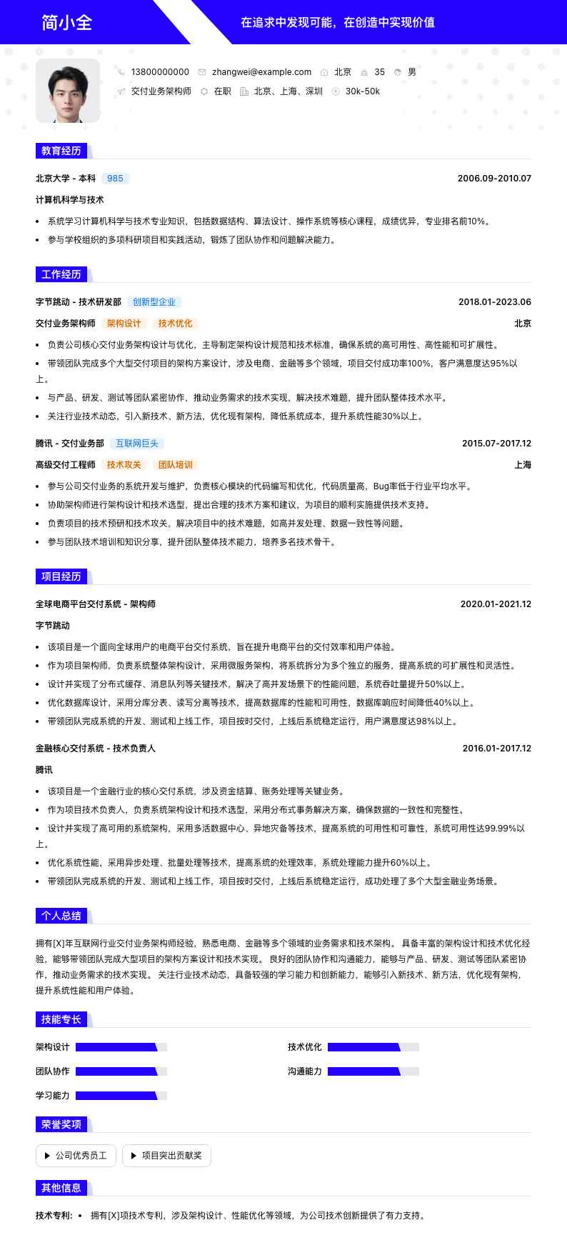 交付业务架构师简历模板