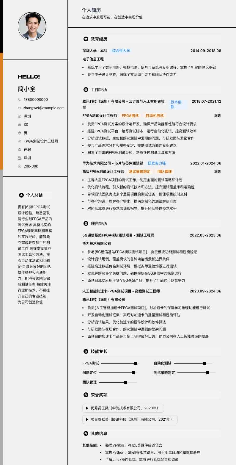 fpga测试设计工程师简历模板
