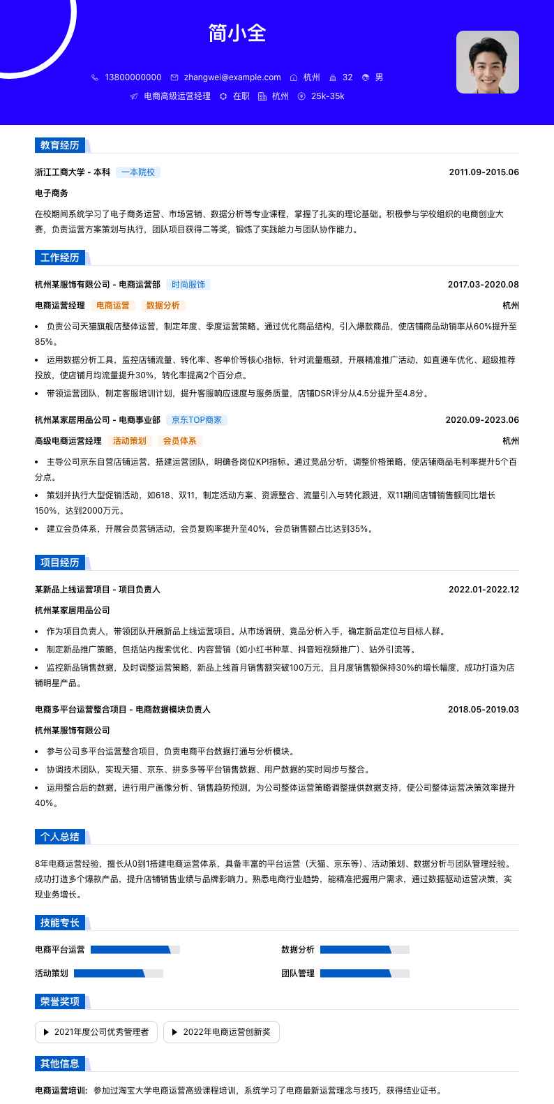 电商高级运营经理简历模板