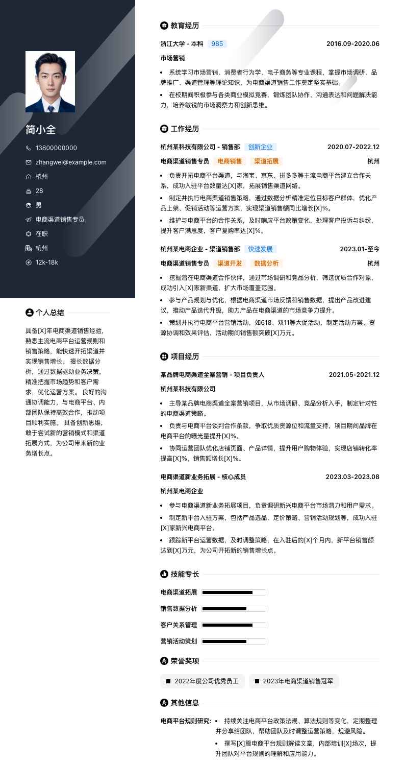 电商渠道销售专员简历模板