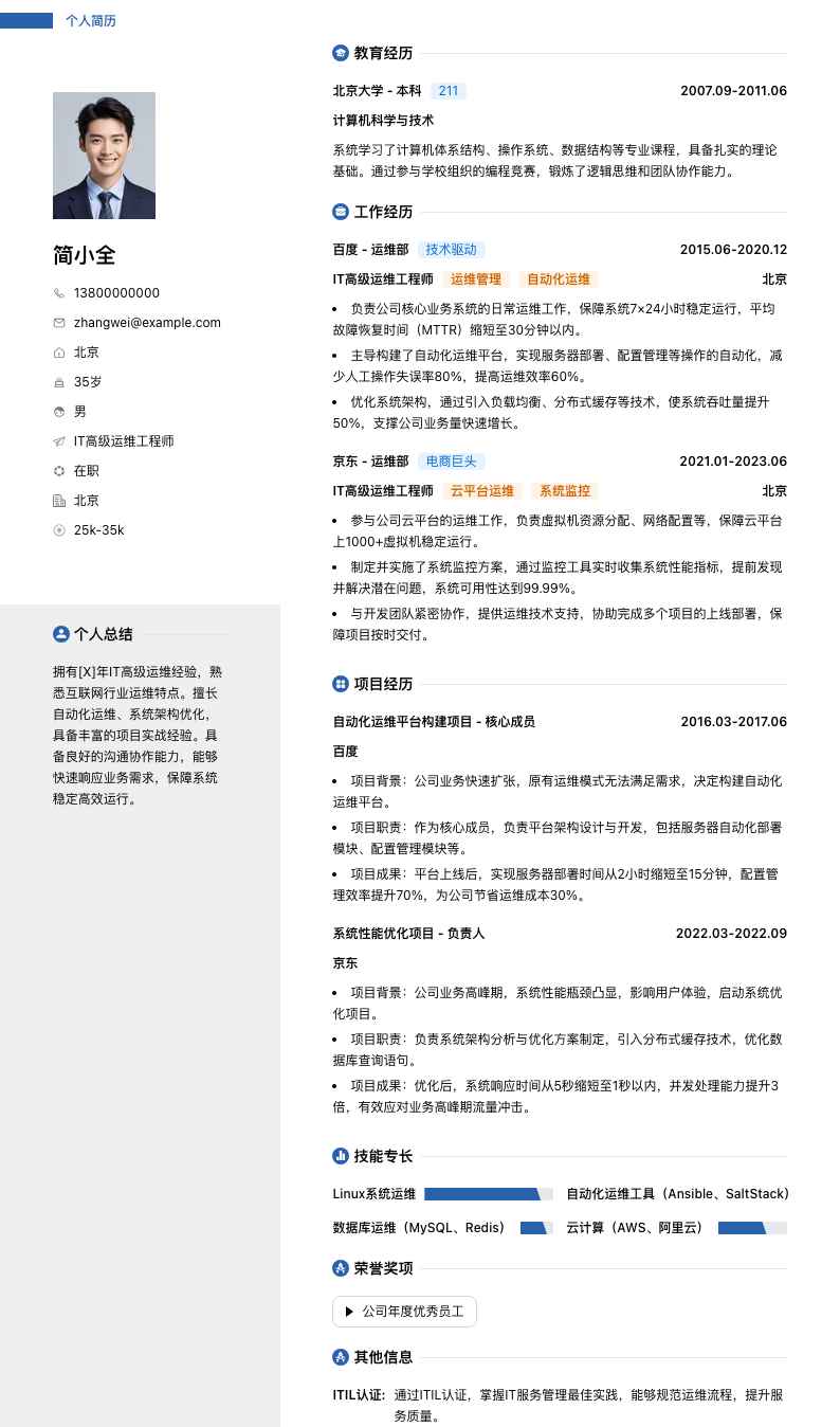 it高级运维工程师简历模板
