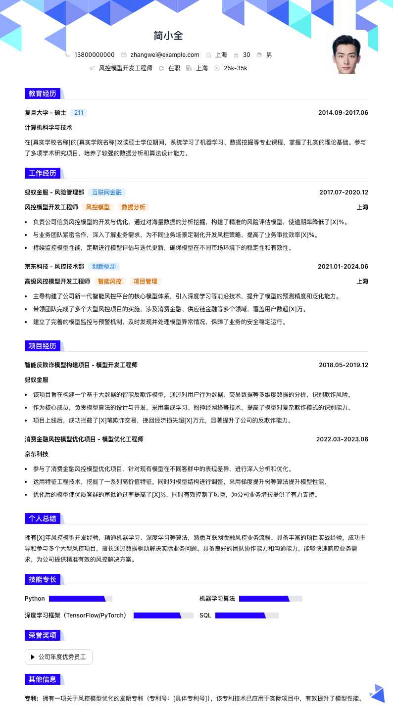 风控模型简历模板