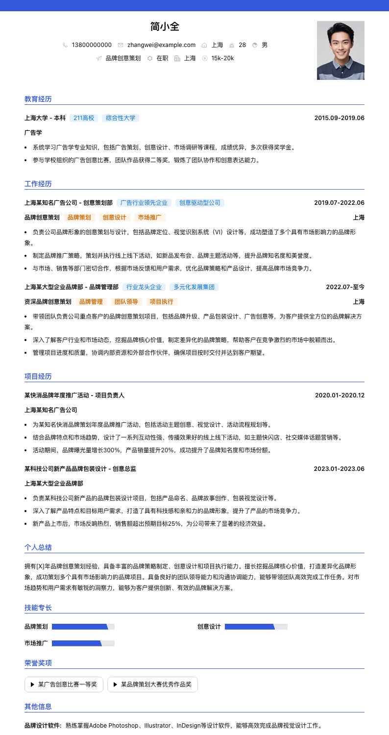 品牌创意策划简历模板