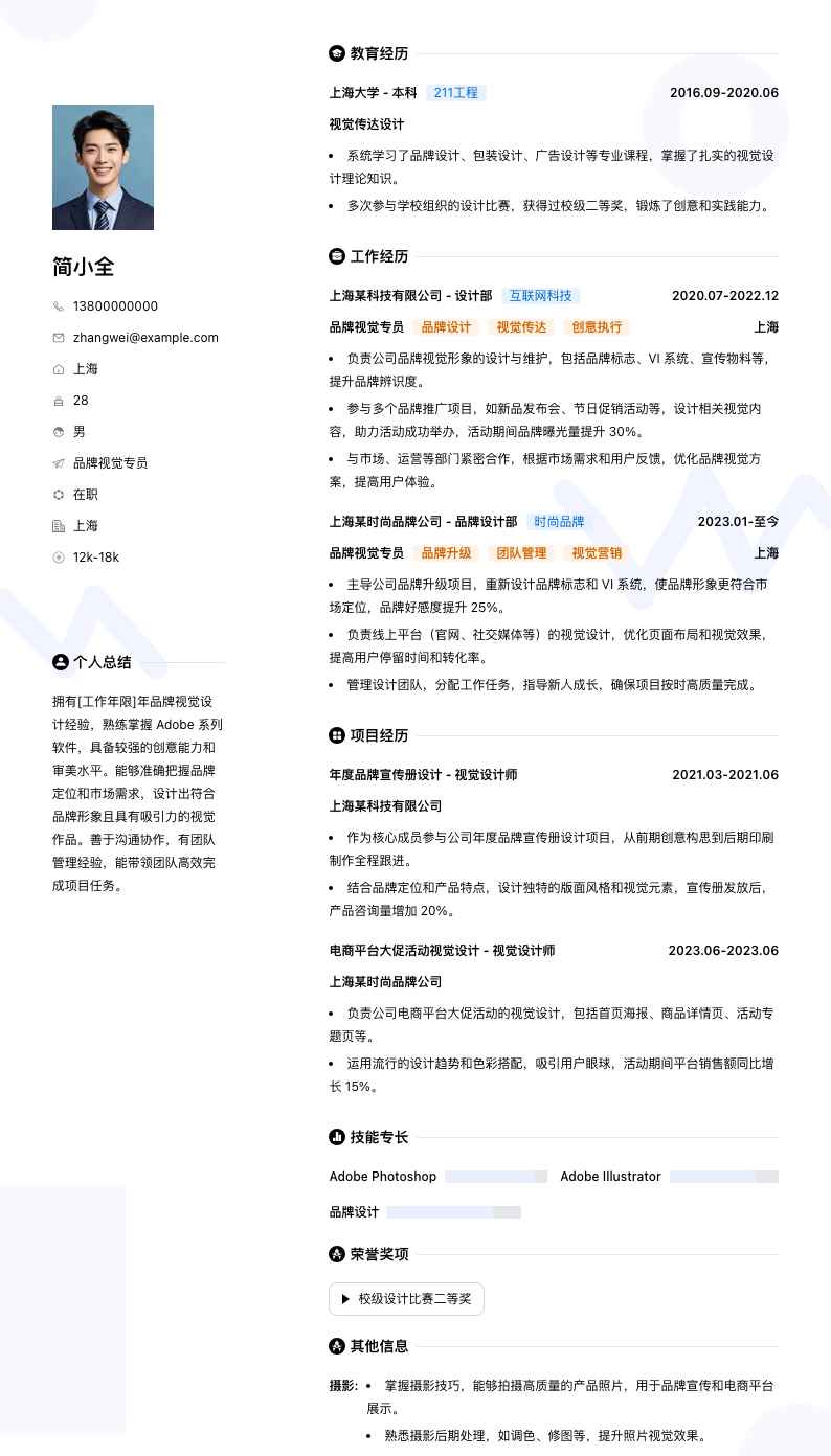 品牌视觉专员简历模板