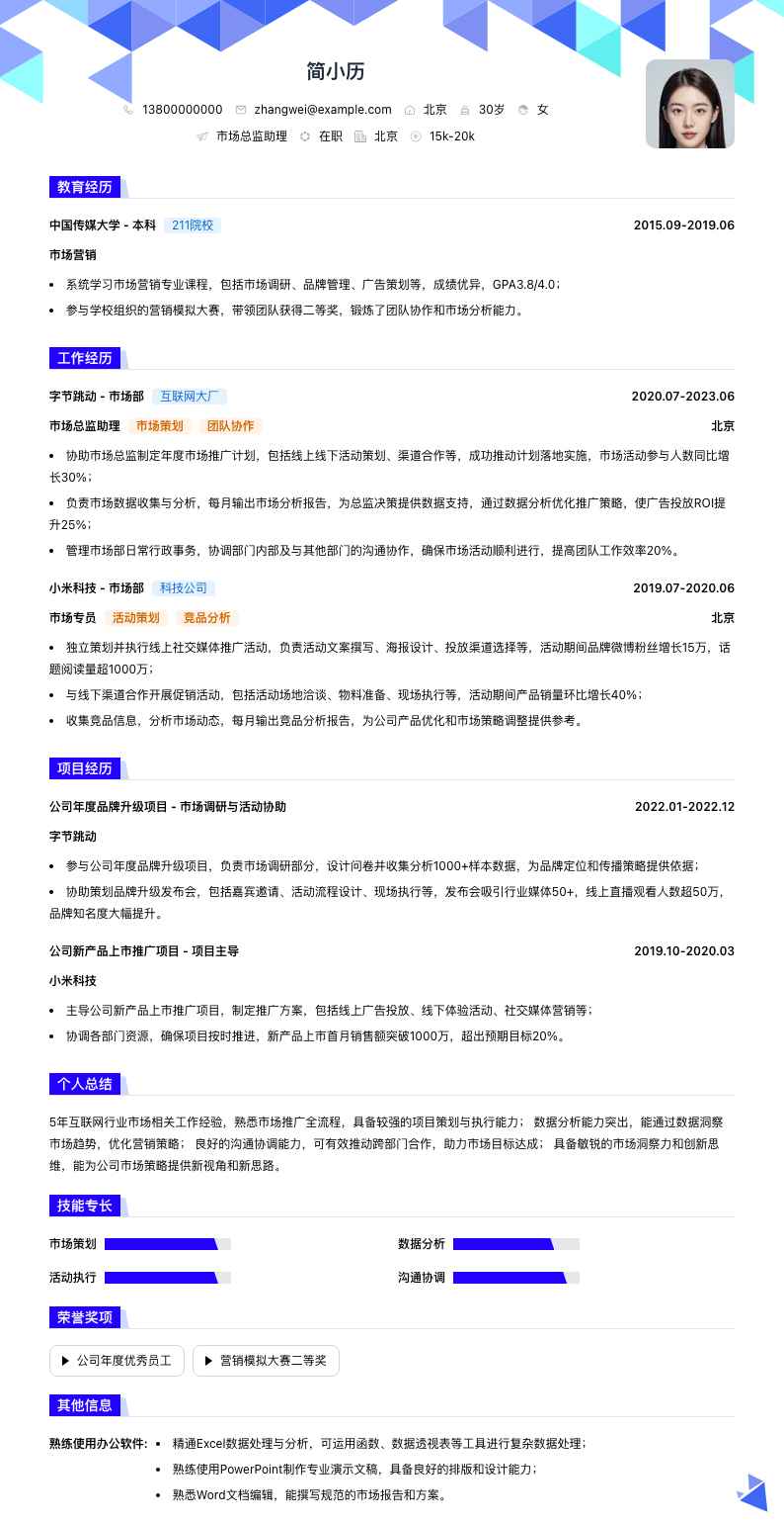 市场总监助理简历模板