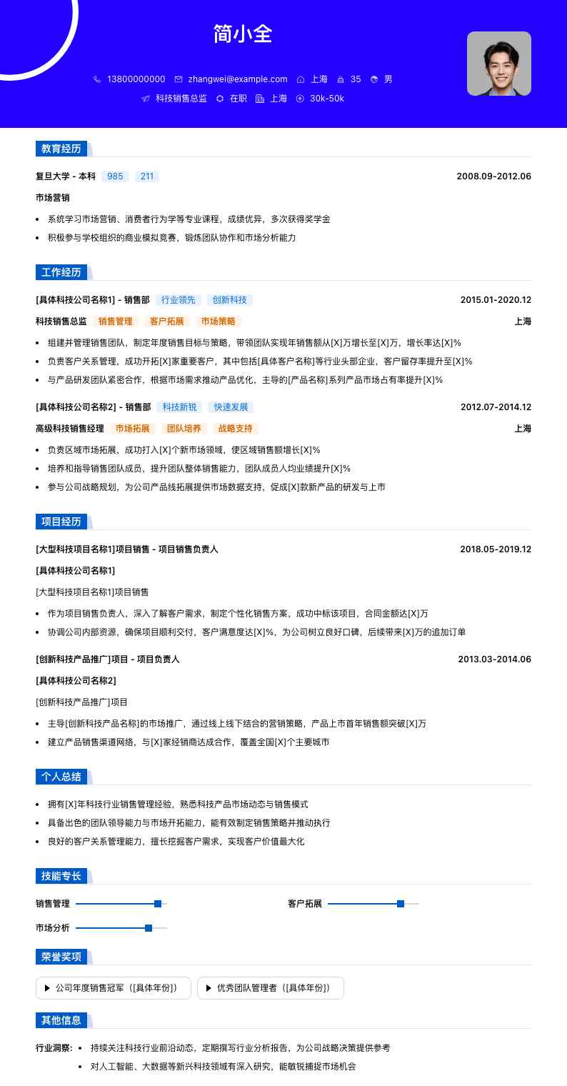 科技销售总监简历模板