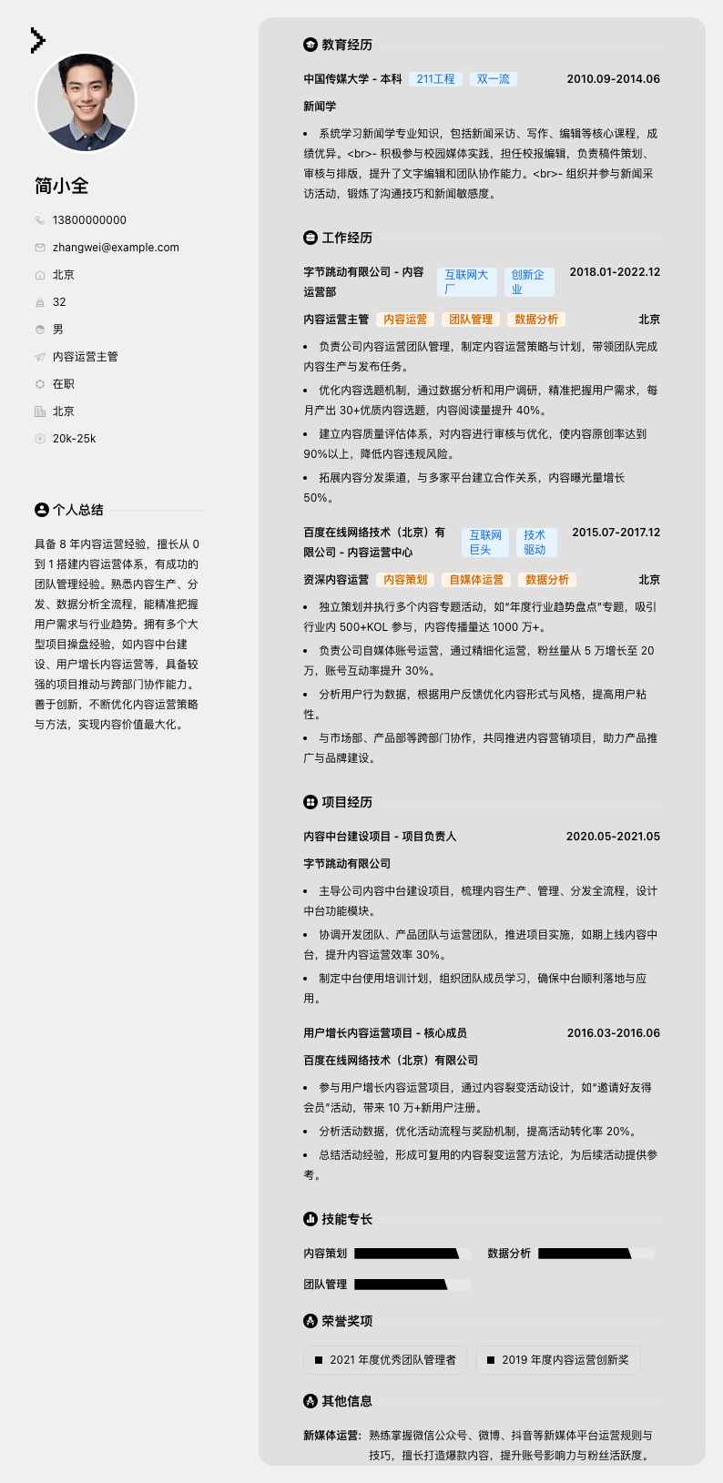 内容运营主管简历模板