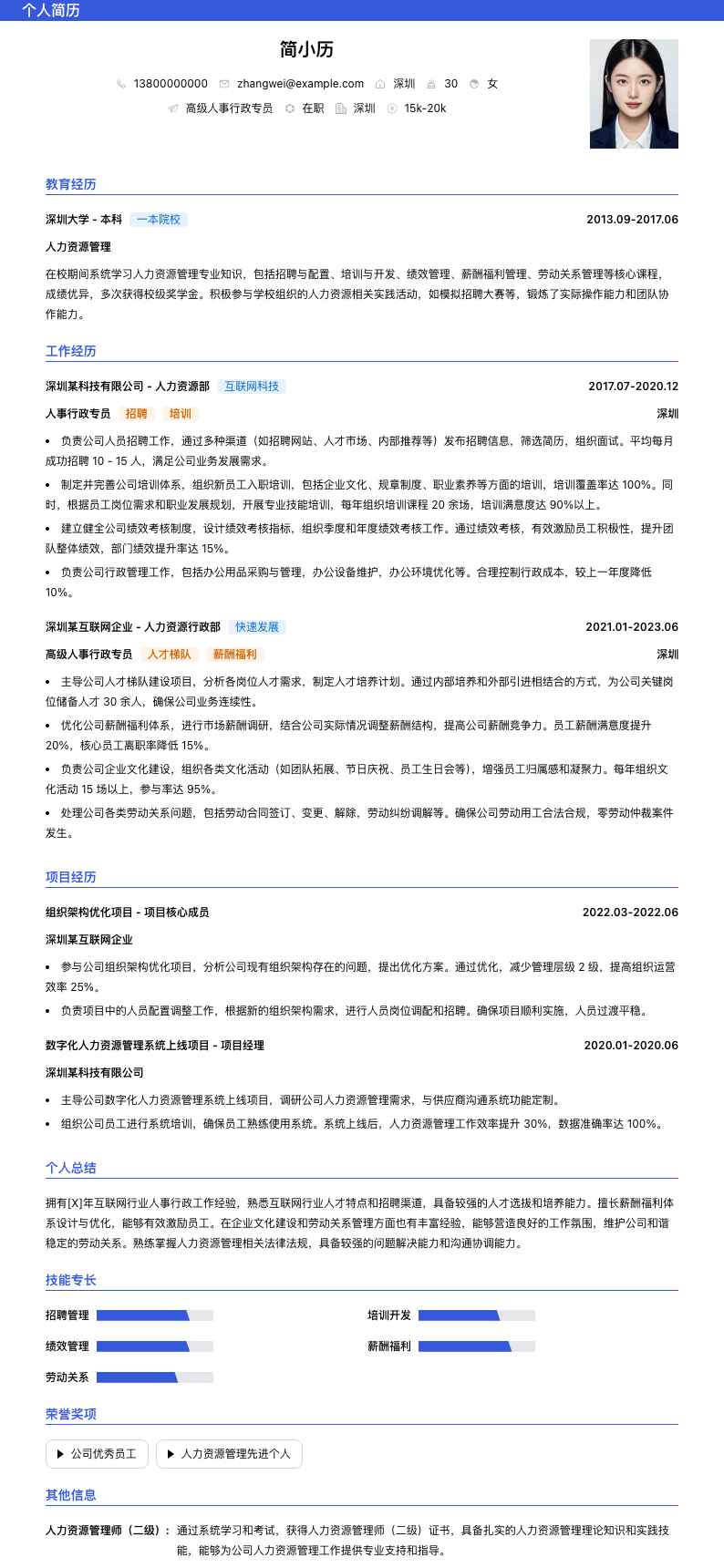 高级人事行政专员简历模板