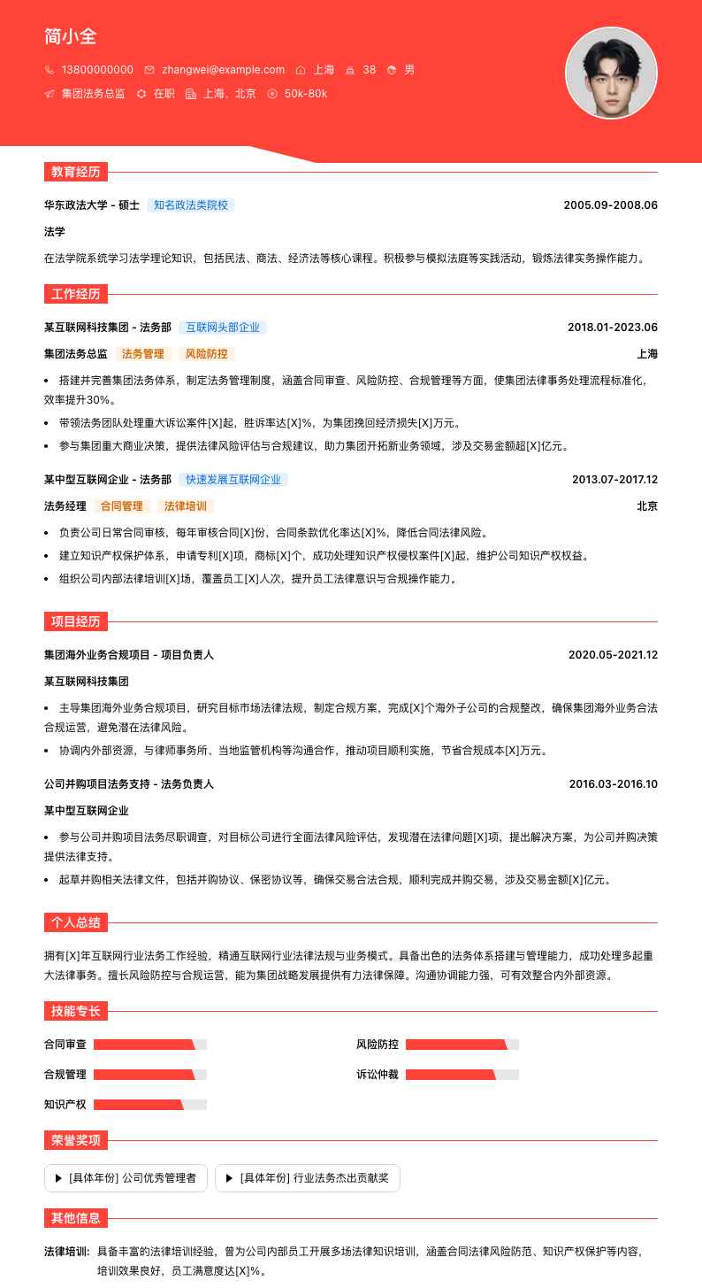 集团法务总监简历模板