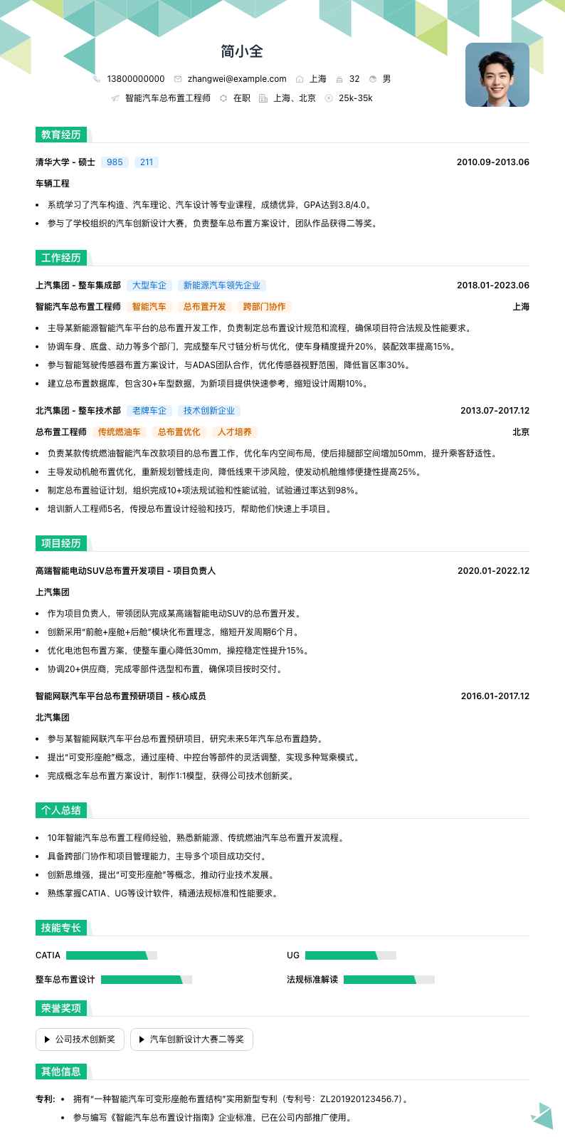 智能汽车总布置工程师简历模板