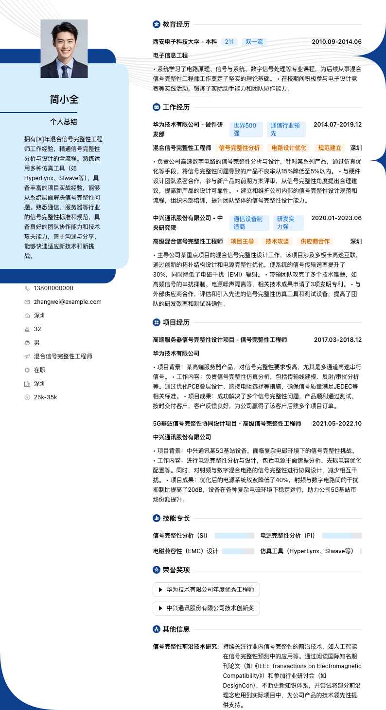 混合信号完整性工程师简历模板