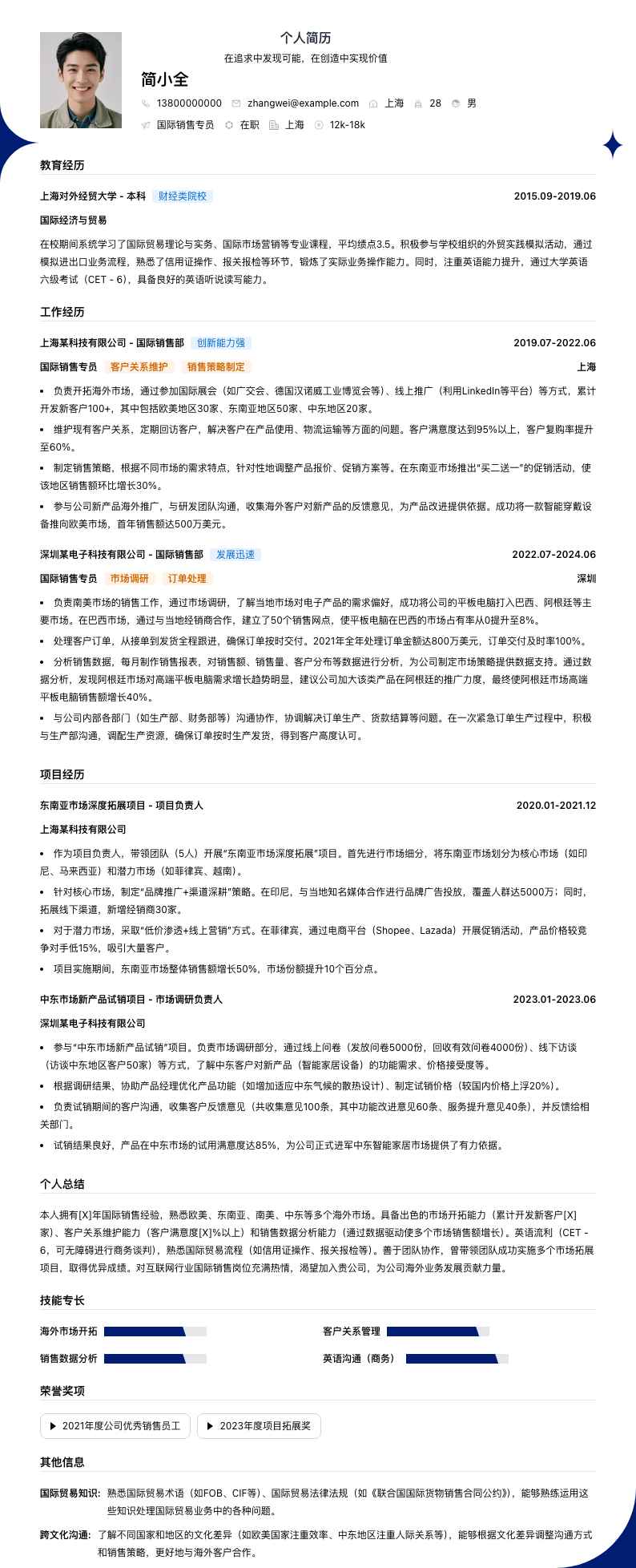 国际销售专员简历模板