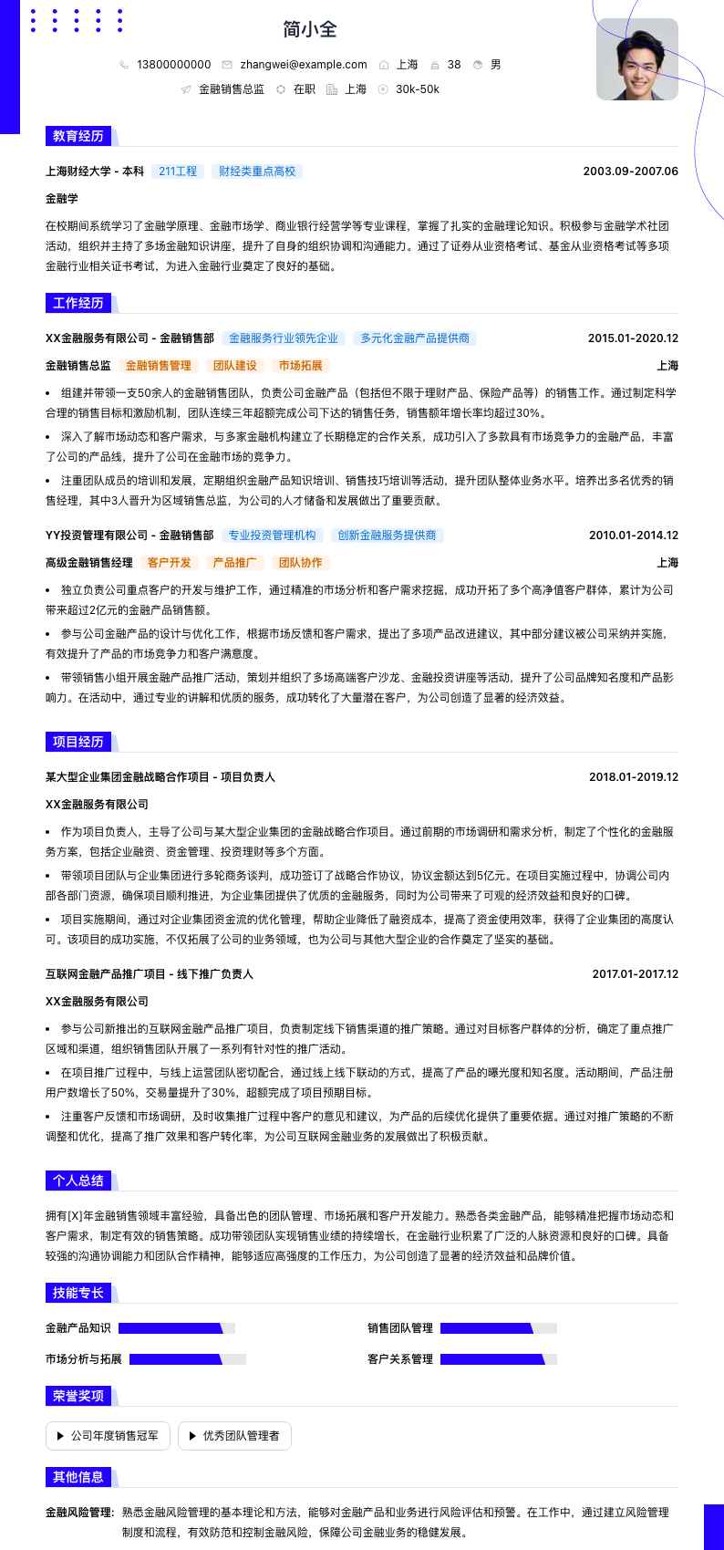 金融销售总监简历模板