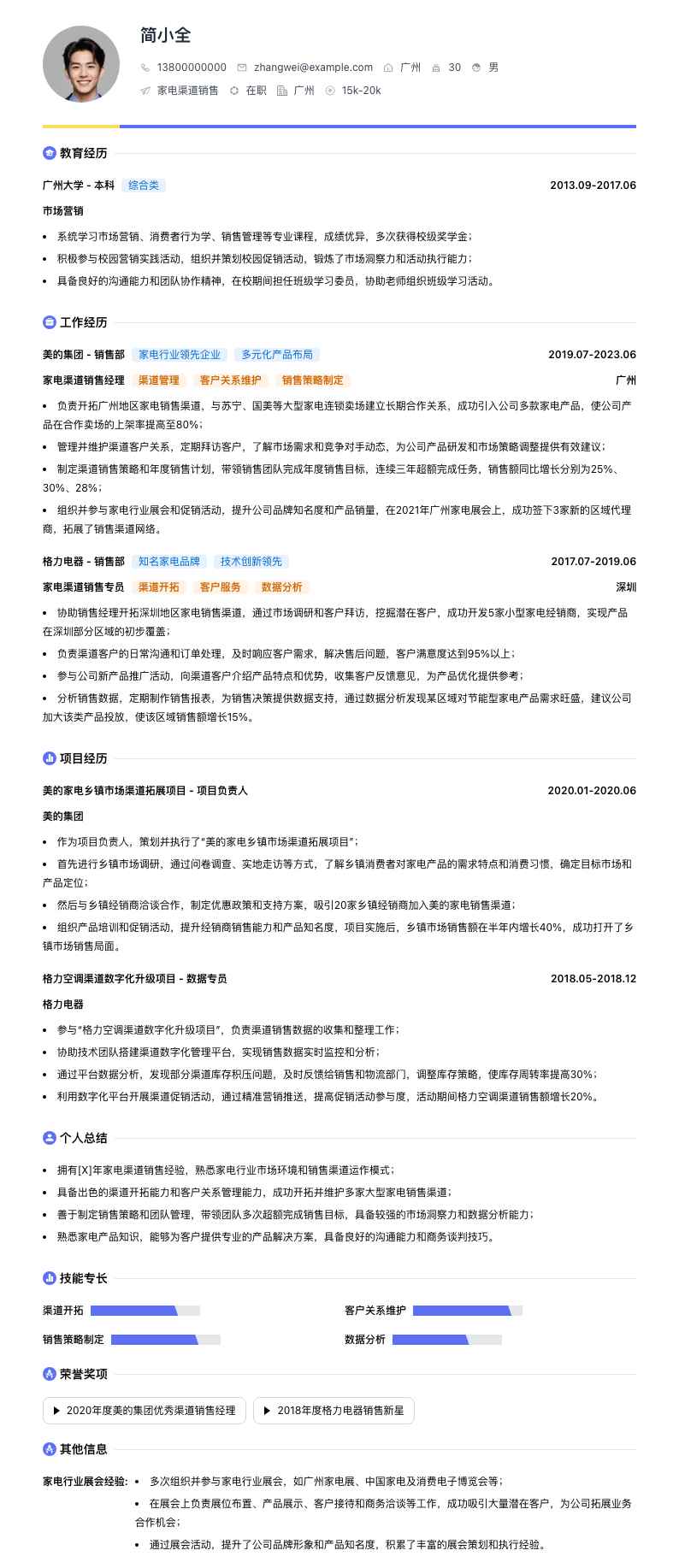 家电渠道销售简历模板