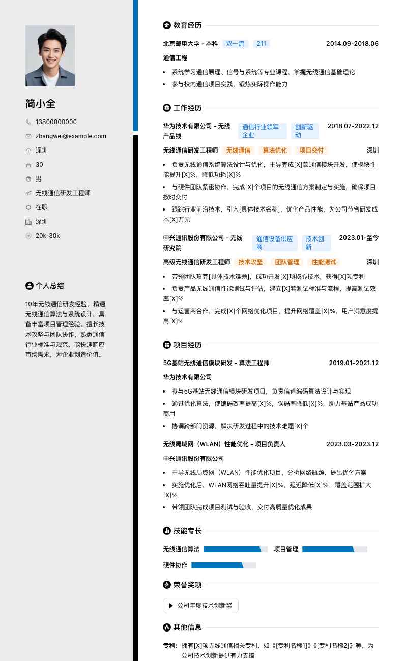 无线通信研发工程师简历模板