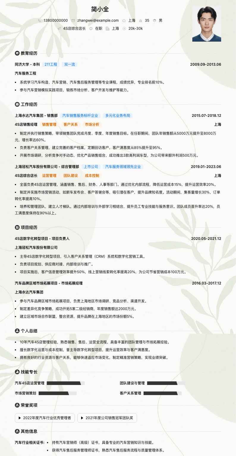 4S店综合店长简历模板