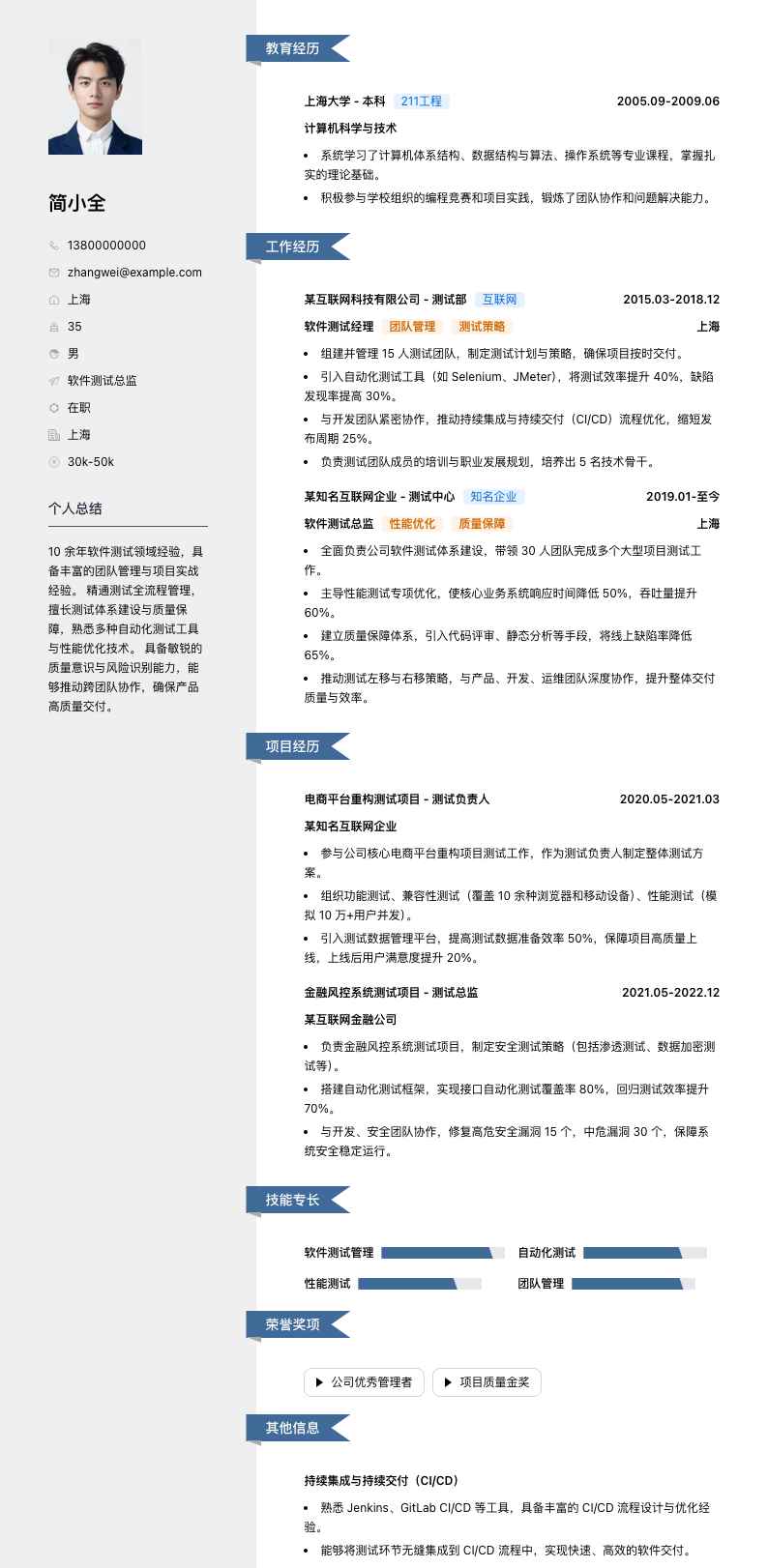 软件测试总监简历模板