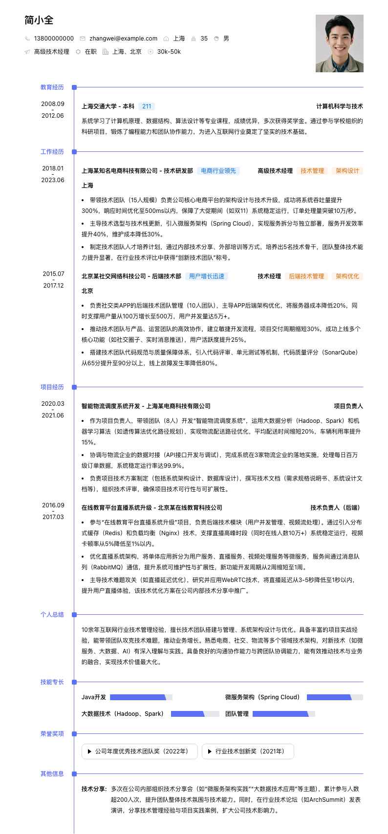 高级技术经理简历模板