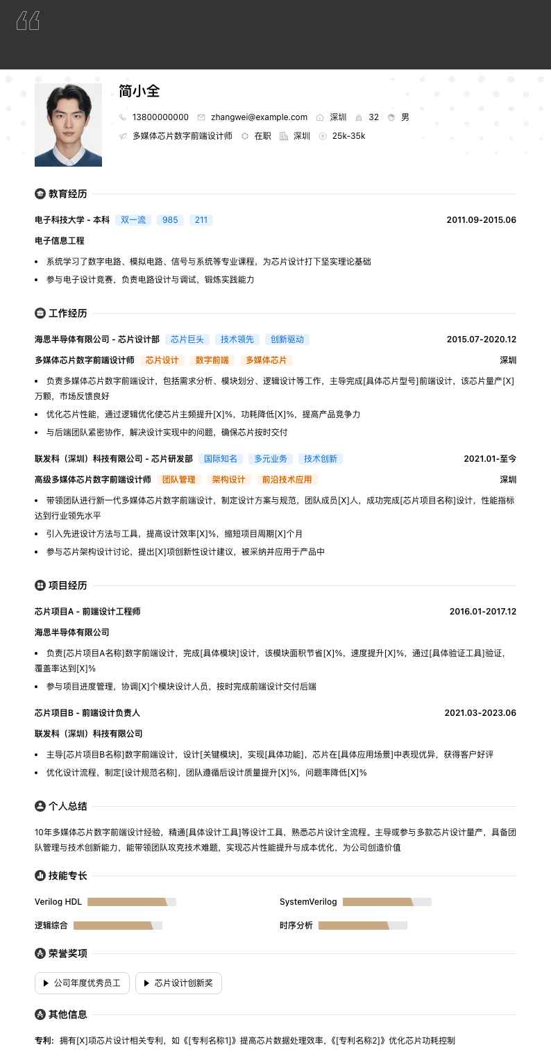 多媒体芯片数字前端设计师简历模板