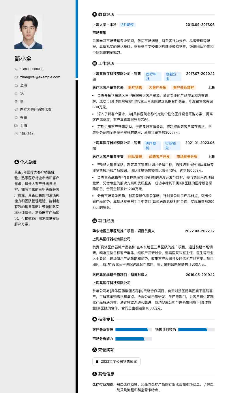医疗大客户销售代表简历模板