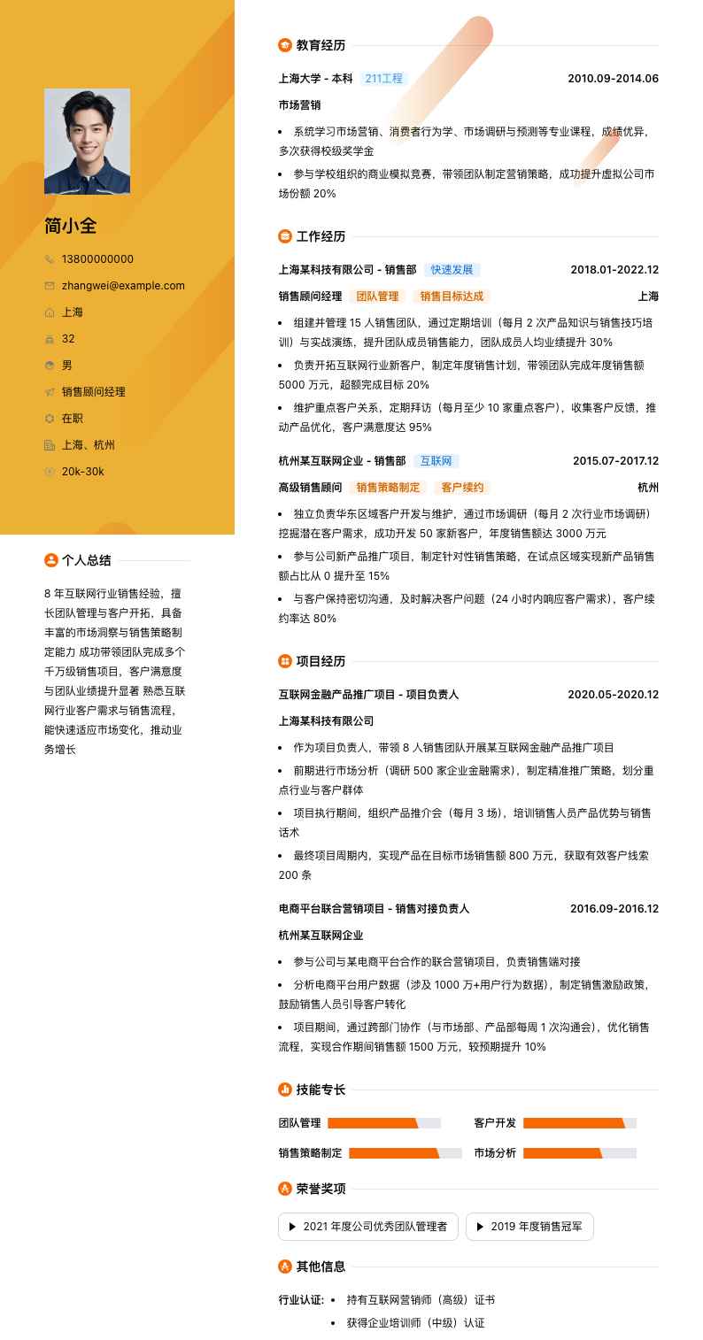 销售顾问经理简历模板