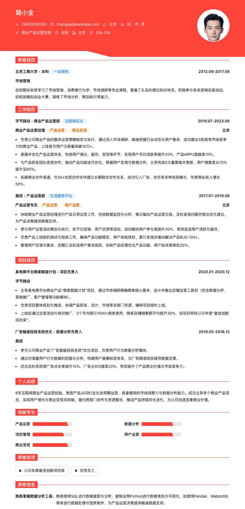 商业产品运营经理简历模板