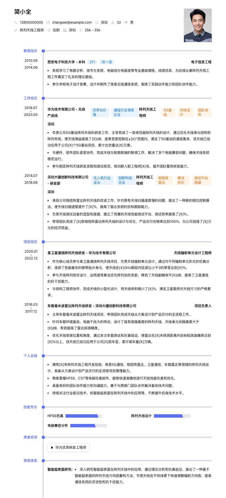 阵列天线工程师简历模板