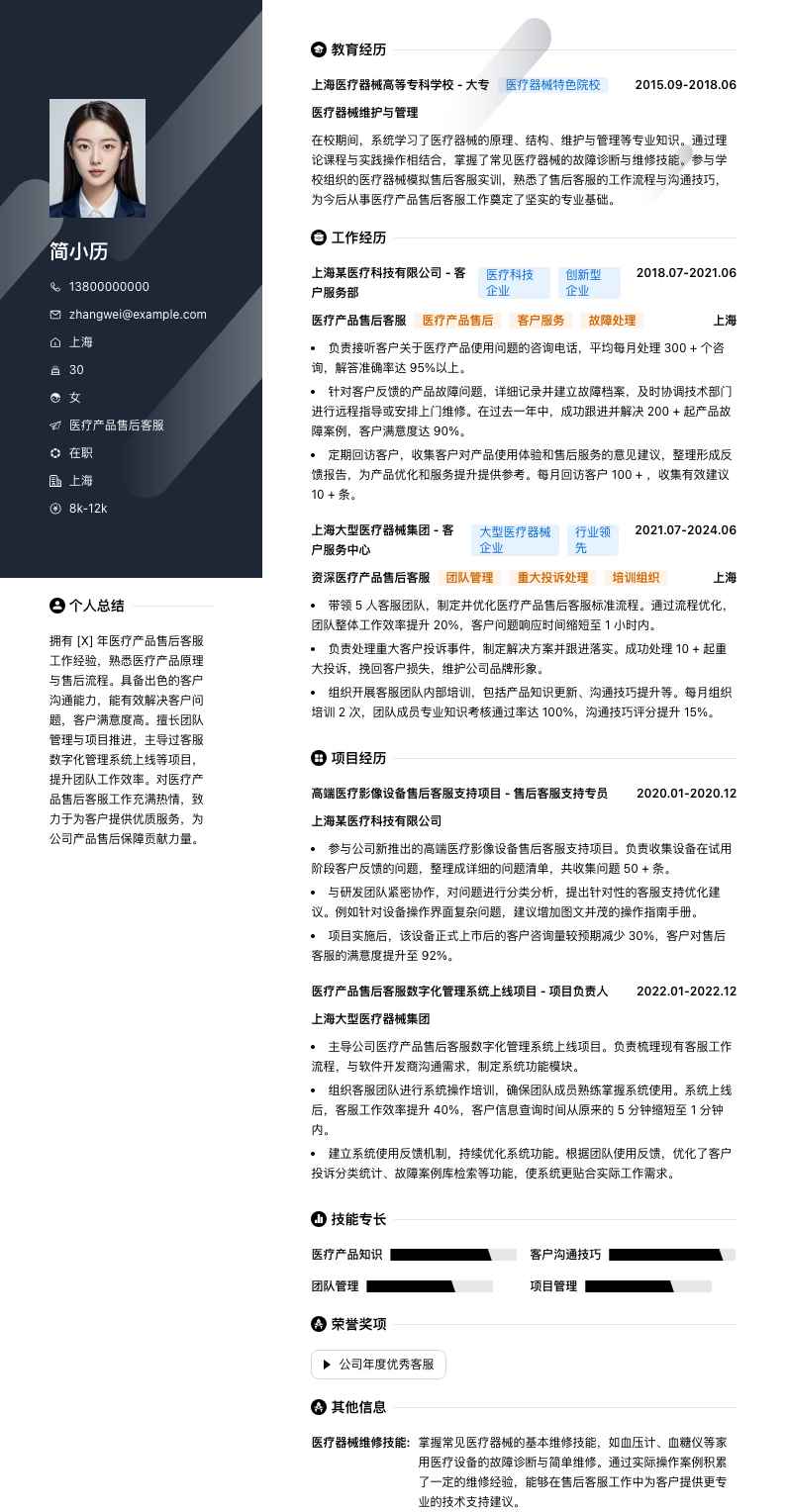 医疗产品售后客服简历模板