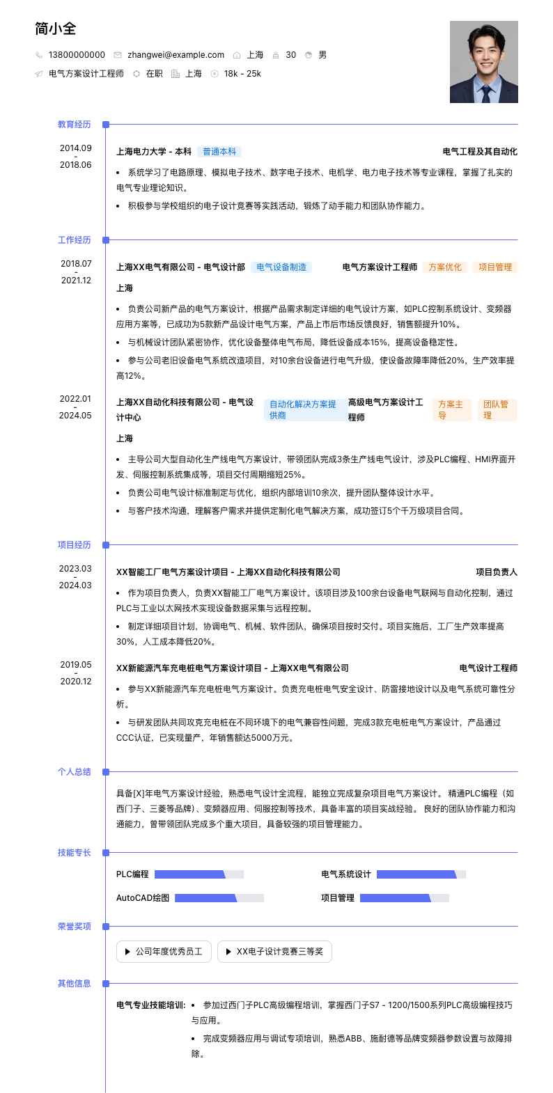 电气方案设计工程师简历模板