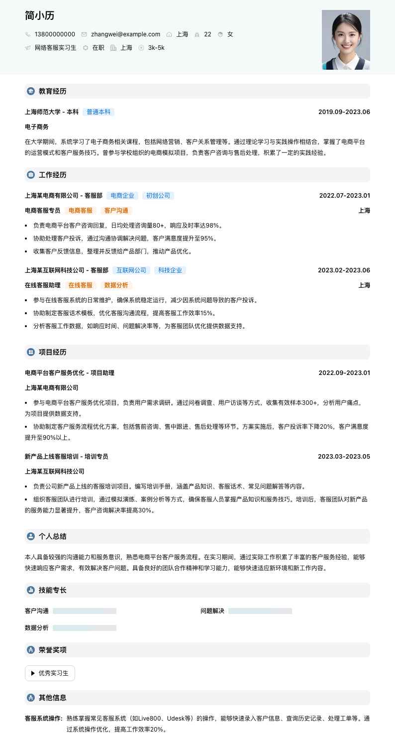 网络客服实习生简历模板