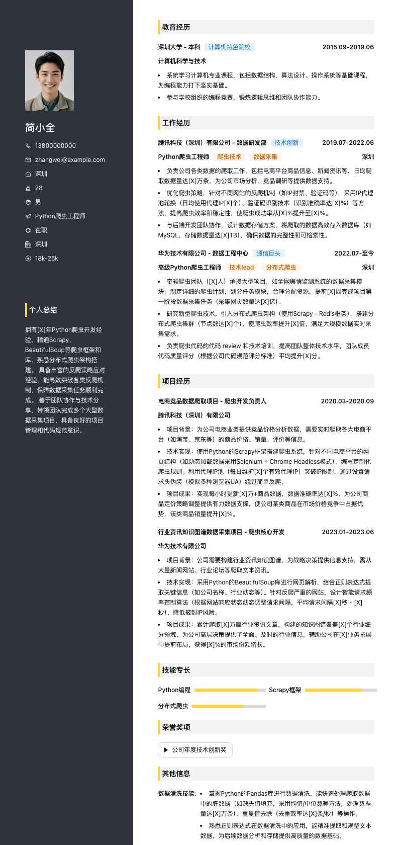 python爬虫工程师简历模板