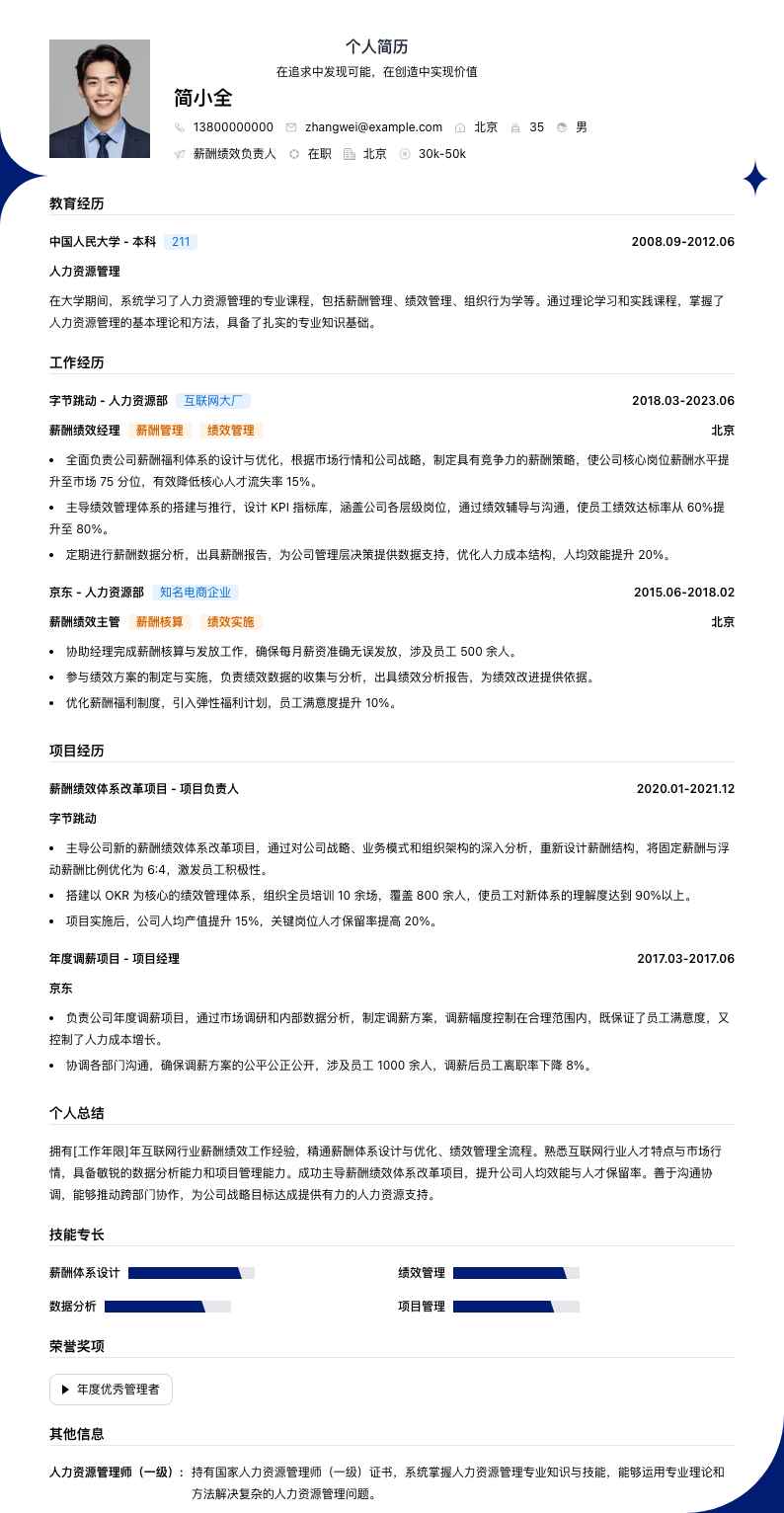 薪酬绩效负责人简历模板