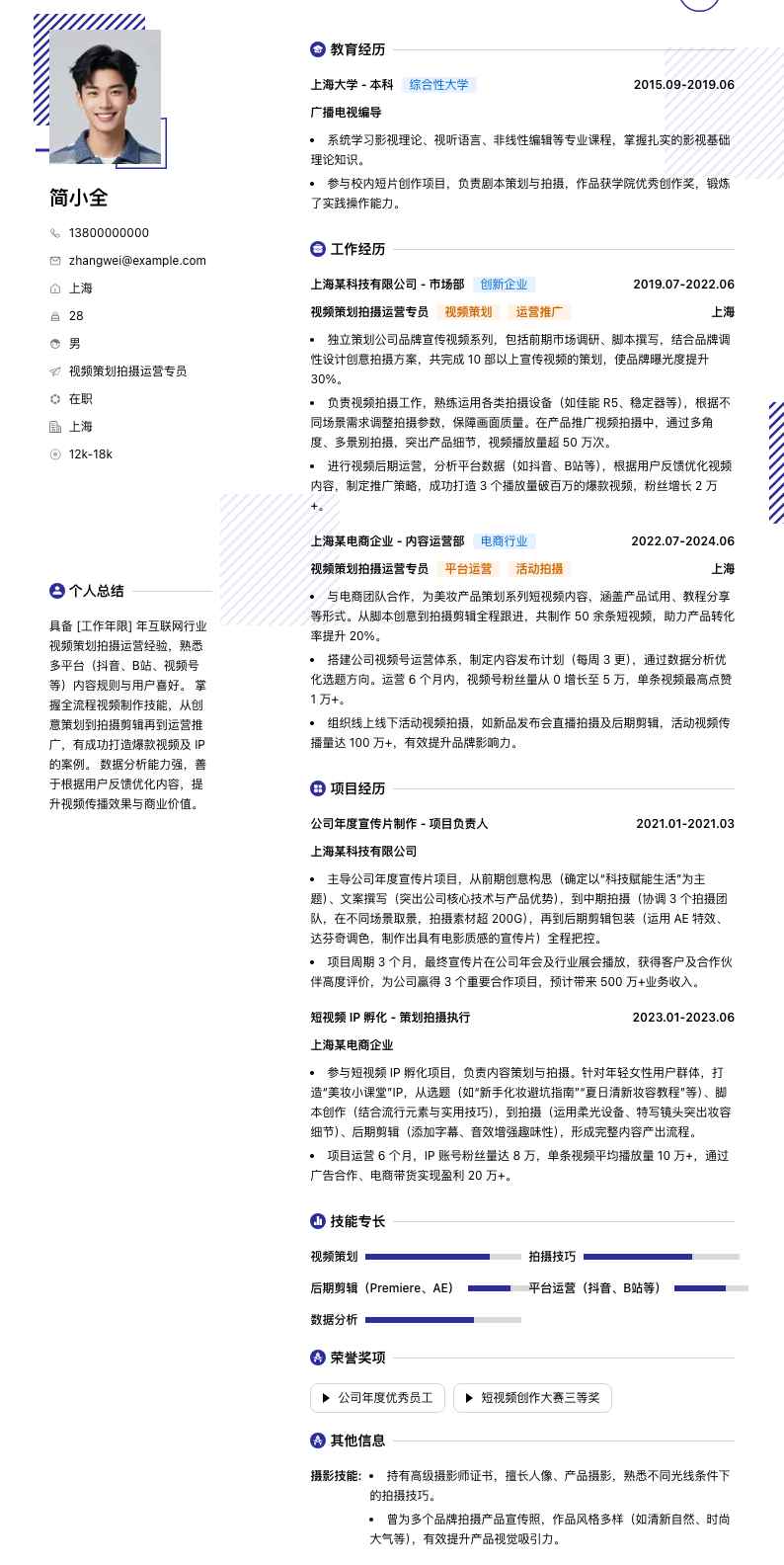 视频策划拍摄运营专员简历模板