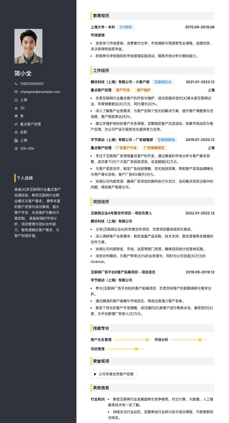 重点客户经理简历模板